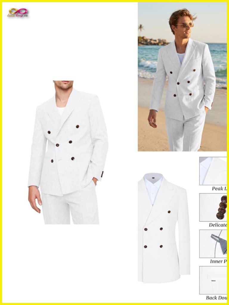 Linen Blend Two-Piece Suit, Double Breasted Blazer & Pants, Wedding Suit Set